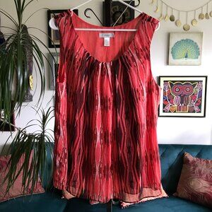 CJ BANKS size 1X Metallic Shimmer Pink Red & Black Print Chiffon Sleeveless Top